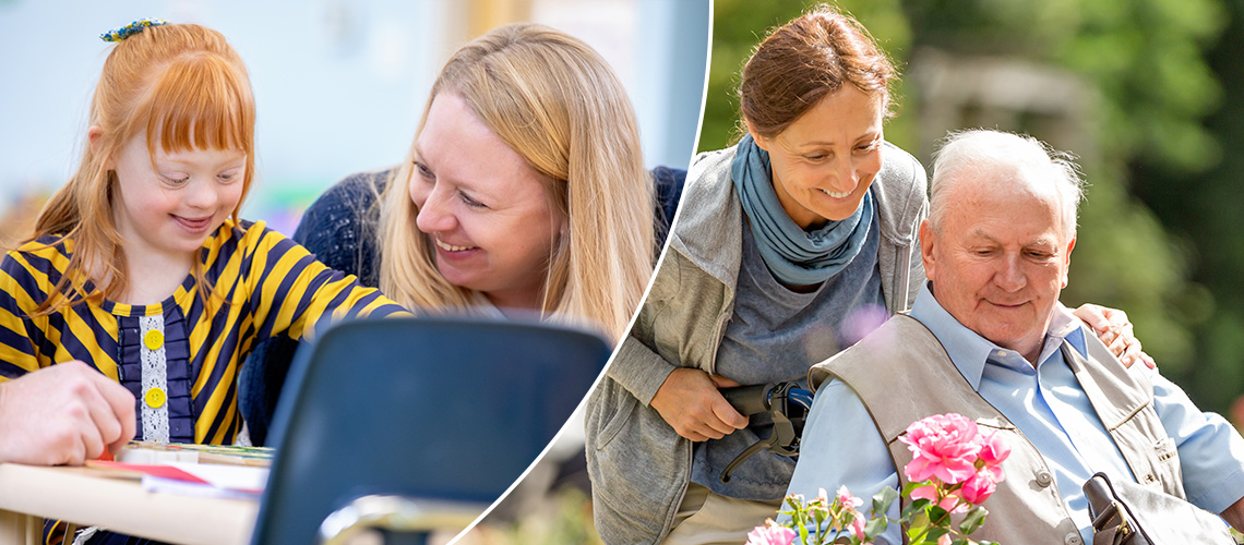 Behindertes Mädchen lächelt und spielt, Mutter schaut lächelnd zu. Daneben: Senior im Rollstuhl lächelnd im Garten, dahinter eine lächelnde Frau.