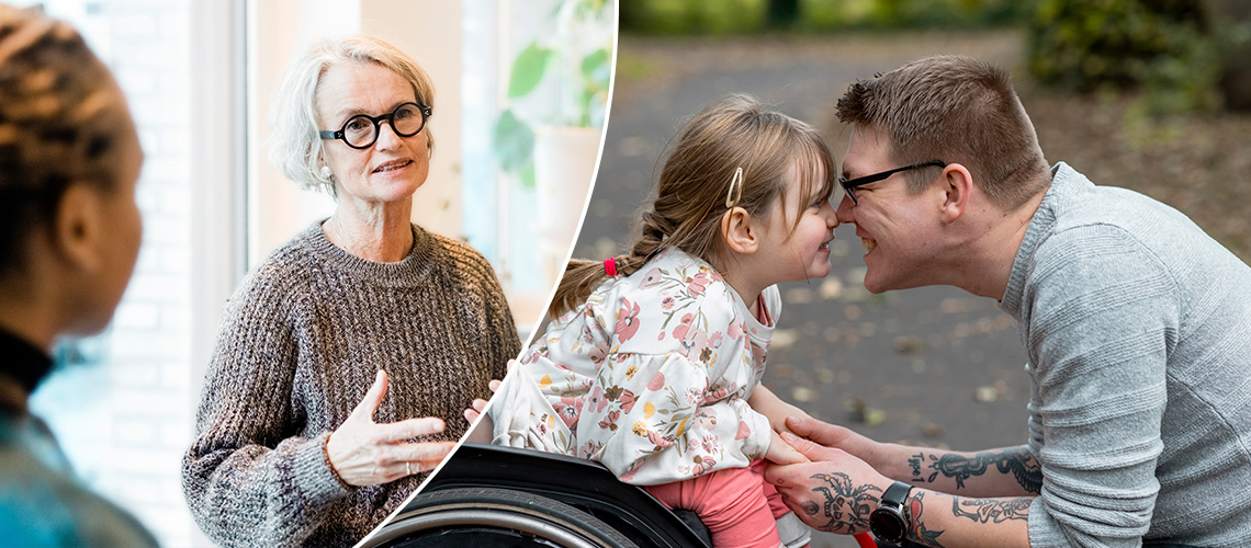 Ältere Frau mit Brille berät eine jüngere Frau. Daneben ein Foto mit einem Kind im Rollstuhl und gegenüber ein lächelnder Mann.