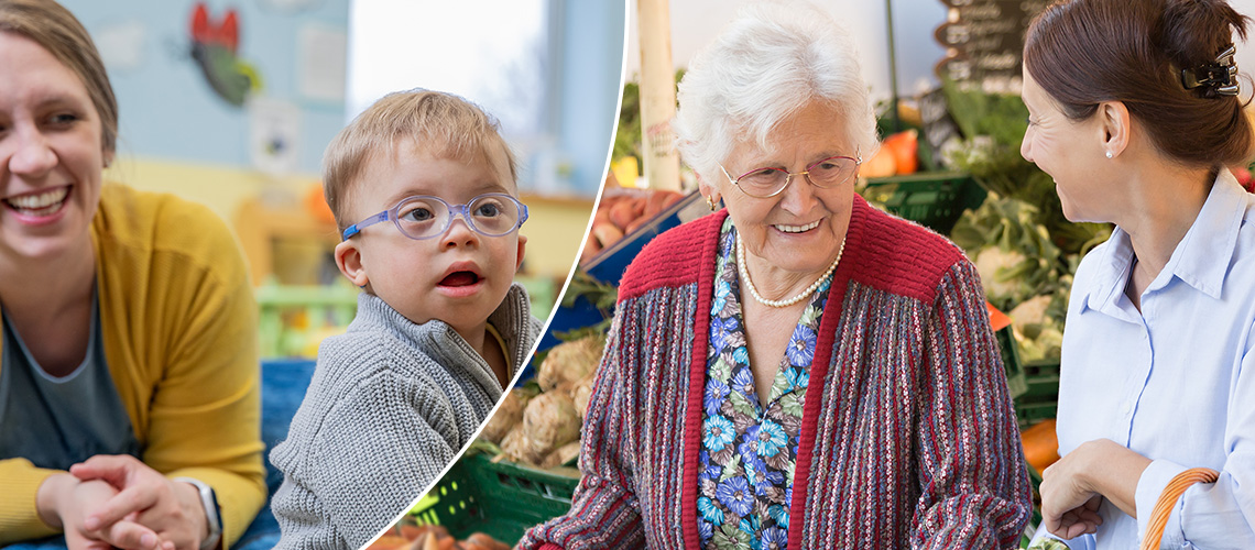 Slider_Nachbarschaftshilfe Ein Junge mit Downsyndrom, im Hintergrund eine lachende Frau. Daneben: Seniorin beim Einkaufen lachend mit junger Frau.
