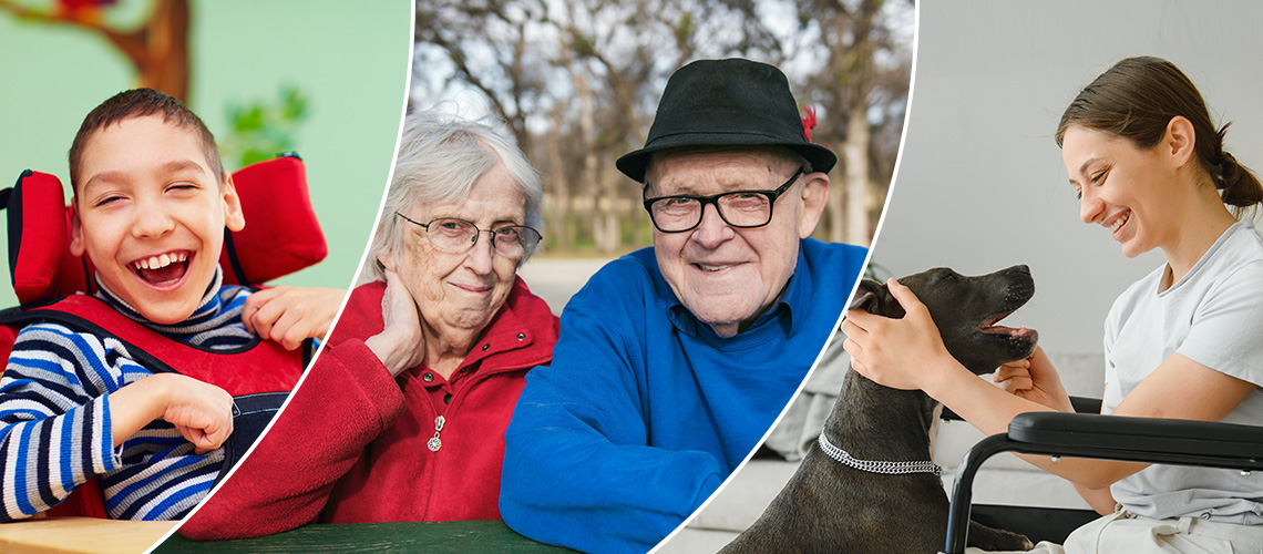 Startseite Slider 1 Lachender behinderter Junge, älteres Ehepaar, Frau im Rollstuhl die einen Hund streichelt