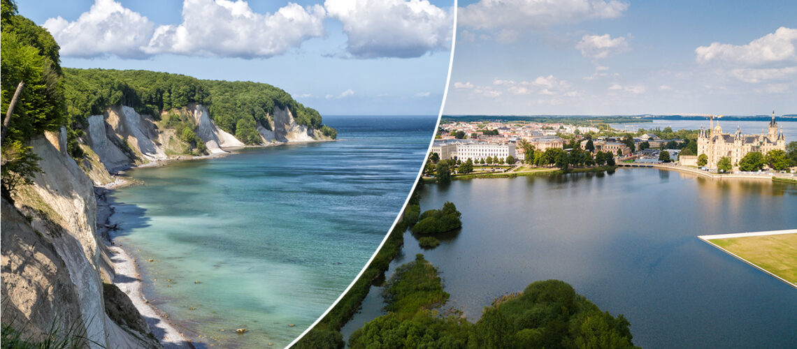 Startseite Slider 4 Meer mit Kreidefelsen. Daneben: Seenlandschaft mit einem Schloss.